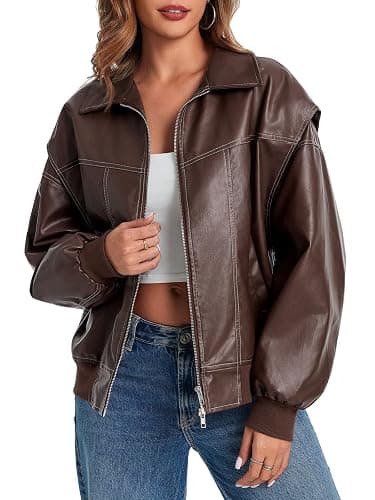 Tankaneo Womens Oversized Leather Bomber Jackets Cap Sleeve Zip Up Motorcycle Coats with Pockets thumbnail 5