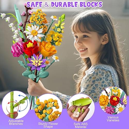 Set di Costruzione di Fiori, 1070 PCS Collezione Botanica, 10 Bouquet di Flowers Eterni, Regali Kit per Adulti San Valentino, Bambini Compleanni & Festa della Mamma thumbnail 3