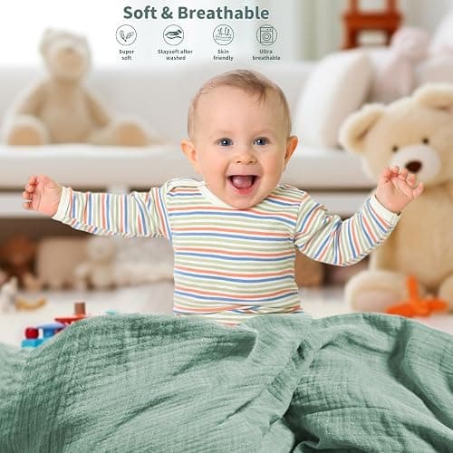 Muslin Swaddle Blankets for Newborn, 2 Pack Breathable Soft Receiving Blanket, Large 41 x 41 inches Swaddle Wrap Burping Clothes, Essentials Infant Shower Items. (Beige & Green) thumbnail 2