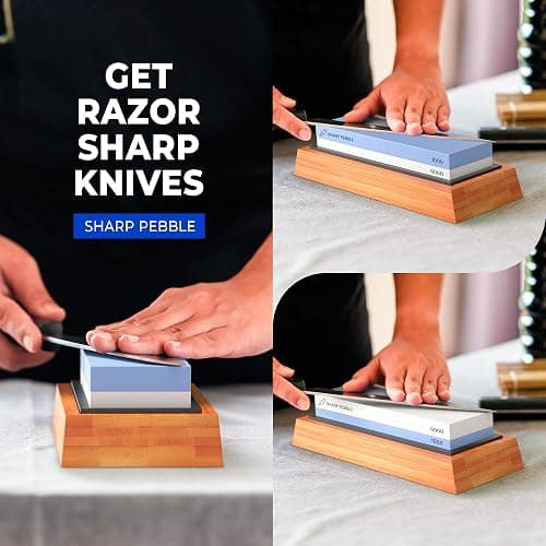 Sharp Pebble Premium Whetstone Knife Sharpening Stone 2 Side Grit 1000/6000 Waterstone- Whetstone Knife Sharpener- NonSlip Bamboo Base & Angle Guide thumbnail 6