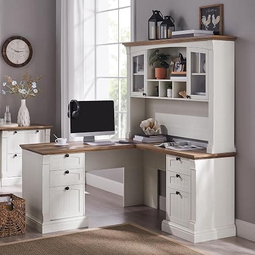 OKD 60" L Shaped Executive Desk with Hutch and Drawers, Farmhouse Home Office Desk with Charging Station, File Cabinet Storage, Wood Corner Computer Desk for Work and Study, Antique White - Image 1