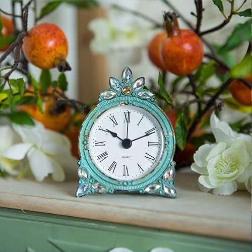 NIKKY HOME Vintage Pewter Quartz Mini Table Clock with Crystal Shining Rhinestone, 2.87 x 1.37 x 3.87 Inches, Aqua thumbnail 9