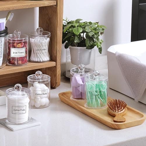 4 Pack Acrylic Qtip Holder Dispenser for Cotton Swabs, Balls, Pads, Floss Picks- Small Clear Acrylic Canister Apothecary Jar Set, Bathroom Essentials Accessories Decor, Vanity Makeup Storage Organizer thumbnail 5