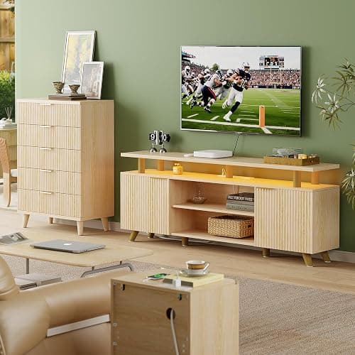 Lulive Modern TV Stand for 55/60/65/70 inch Television, Entertainment Center with Wooden Storage Cabinets and Power Outlet，Media Console for Living Room Bedroom (Natural Oak) thumbnail 9