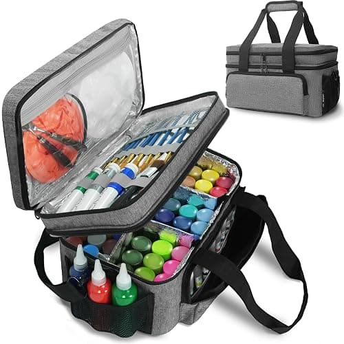 Acrylic Paint Organizer Bag - Holds 54 Bottles (2 oz), Art Supply Storage Case with Handle and Shoulder Strap, Extra Pocket for Brushes, Palette Board, Aluminum Foil Liner for Easy Cleaning, Grey - Image 1