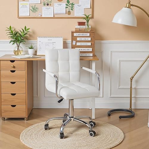 Furmax Mid-Back Office Task Chair Ribbed PU Leather Executive Chair Modern Adjustable Home Desk Retro Comfortable Work Chair 360 Degree Swivel with Arms (White) thumbnail 8