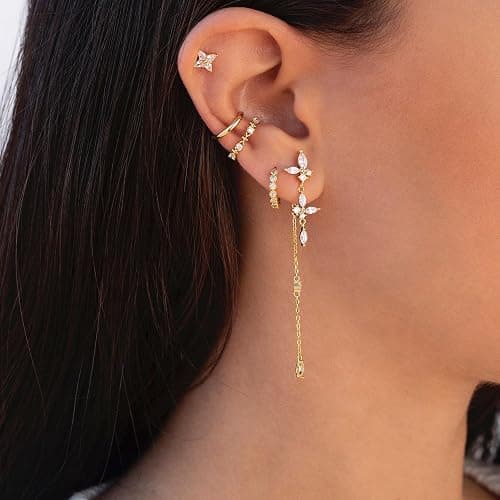 SELFROSE 14K Gold Plated Butterfly Dangle Earrings for Women - Dainty, Trendy, Hypoallergenic CZ Drop Earrings - Simple Long Dangling Jewelry - long thumbnail 6