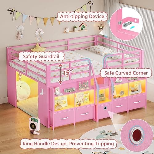 BYSAUD Full Low Loft Bed with 5 Storage Drawers and 6 Bookcases, Pink | Metal Loft Bed for Kids with LED Lights & Charging Station, 15" Safety Guardrail & Ladder, Under-Bed Play Space thumbnail 6