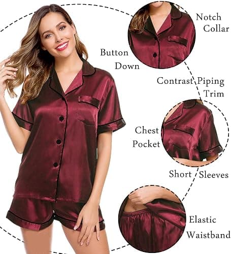 LecGee Womens Silk Satin Pajamas Short Sleeve Loungewear Two-Piece Sleepwear Button-Down Pj Set thumbnail 5