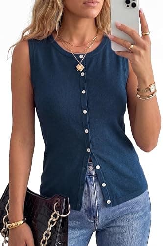 Arach&Cloz Women's Wool Blend Non See Through Button Down Casual Tank Tops | Sleeveless Top, Crew Neck, Fall Outfits, Work to Weekend, Breathable&Soft, Lightweight&Flattering, Comfortable&Stylish - Image 1