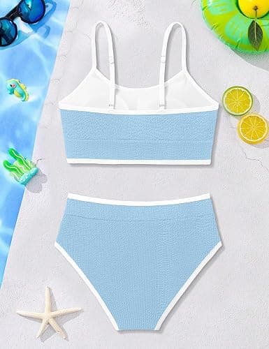 ZAANTI Girls Swimsuit Two Piece Scoop Neck Solid Color Bikini Set Adjustable Strap High Waist Bathing Suit for Girls 9-16Y thumbnail 5
