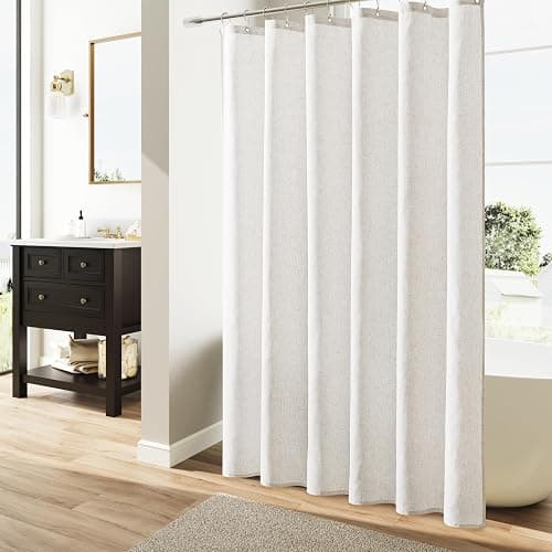 Naturoom Natural Linen Shower Curtain, Country Boho Farmhouse Bath Decor Shower Curtains Neutral Cloth Weighted Textured Fabric Bath Curtain Liner with Hooks, Beige White, 72x72 thumbnail 2