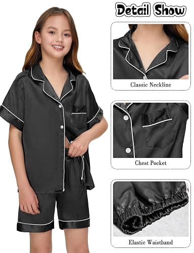 ALHAVONE Silk Pajamas for Girls Satin Pajama Kids 3 Pieces Short Sleeve Girl Button-down Pjs Shorts Pants Sleepwear thumbnail 5