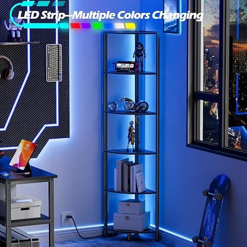 Furnulem 6 Tier Corner Shelf with LED Light, 67.5” Tall Standing Shelf Organizer, Black Narrow Bookshelf with Storage Rack for Wall Corner, Living Room, Bedroom, Metal Frame, Wood Display Shelf thumbnail 4