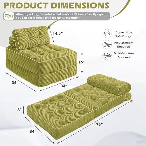 SIMFLAG Folding Sofa Bed, Convertible Sleeper Chair with Pillow & Handle, Foldable Mattress Futon Chair Bed Lounge with Back Support, Comfy Floor Sofa for Living Room Bedroom, DarkGreen, Single thumbnail 2