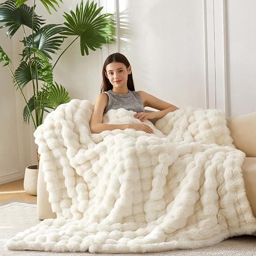 COOVA Faux Fur Throw Blanket for Couch, Cozy Soft and Fuzzy Plush Rabbit Fur Bubble Blanket for Sofa Bedroom Living Room, 50x60 Inches Ivory White thumbnail 2
