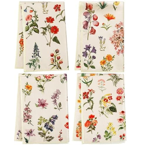 Preboun Set of 4 Vintage Wildflower Dish Towels for Kitchen Decorative 16 x 24 Inch Floral Kitchen Towels Hand Floral Bath Towels Dish Cloth for Cooking Tea Bathroom Woman Guest Housewarming Gift - Image 1