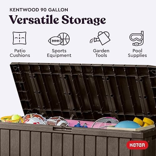 Keter Kentwood 92 Gallon Resin Deck Box-Organization and Storage for Patio Furniture Outdoor Cushions, Throw Pillows, Garden Tools and Pool Floats, Brown thumbnail 4