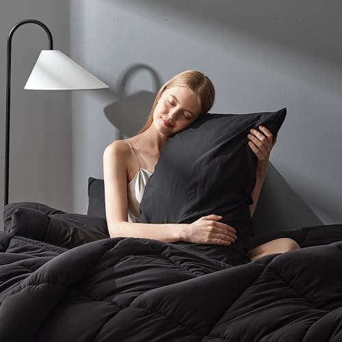 DOWNCOOL Full Size Comforter Sets -All Season Bedding Comforters with 2 Pillow Cases -3 Pieces Bed Set Down Alternative Comforter -Black Bedding Sets (82"x86") thumbnail 3