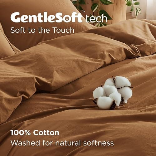 Bedsure 100% Washed Cotton Duvet Cover Queen Size - Brown Minimalist Cotton Duvet Cover Linen Like for All Seasons - GentleSoft™ Plain Simple Bedding, 3 Pieces (Brown, Queen, 90"x90") - Queen (90" x 90") - 06 - Argan Oil (No Comforter) thumbnail 3