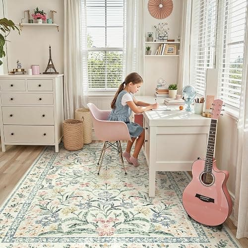 Lahome Boho Rugs for Living Room, Washable Large 8 x 10 Area Rugs for Bedroom Non Slip, Soft Ultra-Thin Distressed Floral Throw Carpet for Office Dining Room, Cream/Multi thumbnail 3