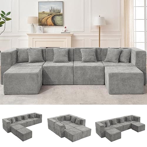 MONVANE Modular Sectional Cloud Couch for Living Room - 130'' 6 Seater Convertible Chenille Couches Set with Ottoman, No Assembly Compression Sofas, Comfy Floor Sofa with Memory Foam, Light Grey - Image 1