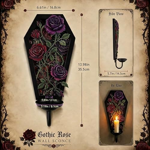 Gothic Coffin Wall Candle Sconce Set of 2, Dark Romantic Rose Thorn Backplate with Removable Trays for Taper & Pillar Candles, Gothic Decor for Living Room Bedroom, Year-Round Halloween Home Accent thumbnail 3