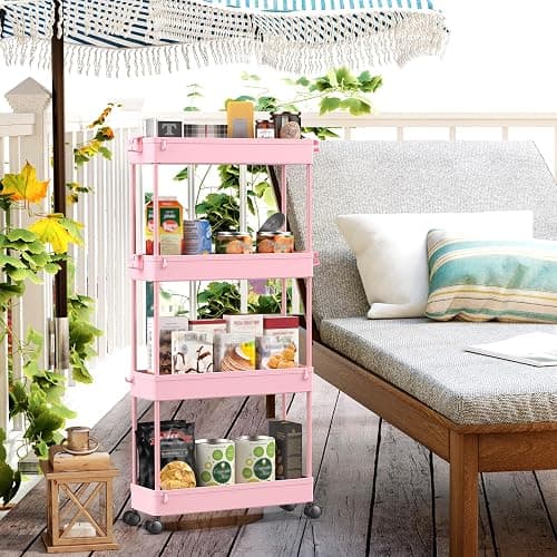 SPACEKEEPER Slim Rolling Storage Cart, 4 Tier Bathroom Cart Organizer, Pink | Narrow Rolling Cart with Wheels for Kitchen Office Bathroom Laundry Room,Mobile Utility Cart for Craft Art Makeup Nail Polish thumbnail 2