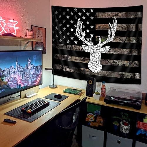 VEIGIKE American Flag Hunting Tapestry, Western Black and White Country Deer Tapestry Wall Hanging for Men Bedroom Room, Rustic Camo Tapestries Poster Blanket College Dorm Home Decor 60X40 Inches thumbnail 4