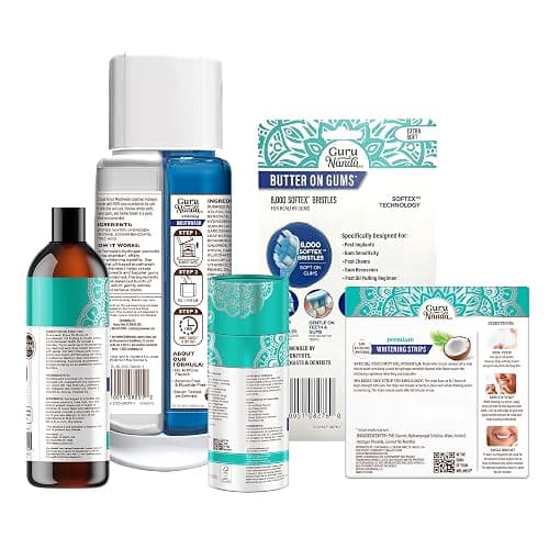 GuruNanda Total Smile Makeover Kit Regular with Cocomint Oil Pulling, Dual Barrel Whitening Mouthwash, Whitening Strips & Butter on Gums Toothbrushes thumbnail 9