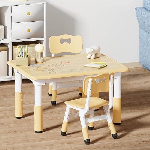 Brelley Kids Table and 2 Chairs Set, Height Adjustable Toddler Desk 31.5" L x 23.6" W and Chair Set, Graffiti Desktop, Classroom/Daycare/Home, Children Multi-Activity Table for Ages 3-8 thumbnail 2