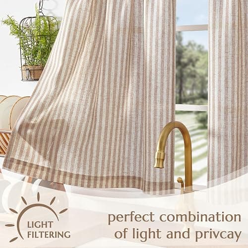 jinchan Striped Linen Kitchen Curtains 24 Inches Length Tier Curtains Farmhouse Modern Cafe Style Small Window Treatments Airy Light Filtering Rod Pocket for Living Room Bathroom 2 Panels Tan thumbnail 6