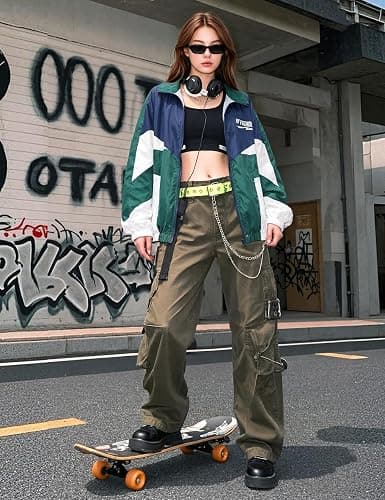 Wyeysyt Women Windbreaker Jacket Y2k Varsity Jackets Oversized Vintage 90s Jacket thumbnail 3