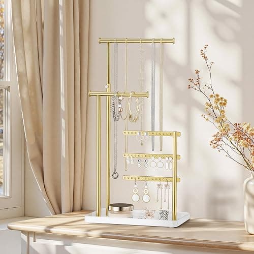 susswiff Jewelry Holder Organizer Stand - Adjustable Tall 17.5" (Max), Sturdy Jewelry Hanger for Necklaces, Earrings, Bracelets, Rings, Jewlery Display and Storage, Gold and White, Metal thumbnail 2