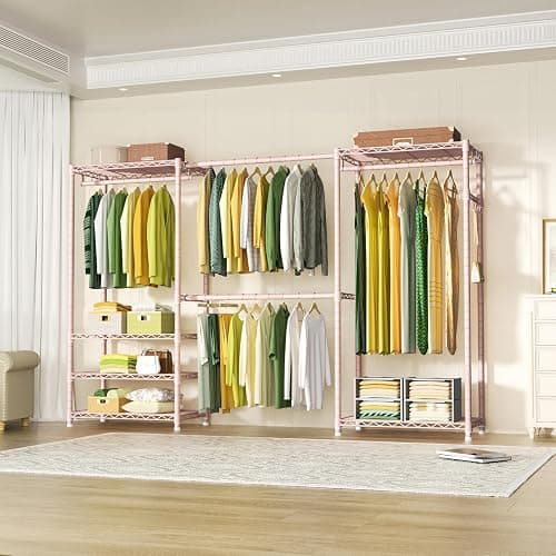 Ulif E1 Heavy Duty Closet Garment Rack, 6 Tiers Adjustable Metal Freestanding Expandable Clothing Storage with 4 Hanger Rods, Easy to Assemble Wardrobe, 71.4" H x (70" - 88.2") L x 14" D, Pink thumbnail 2
