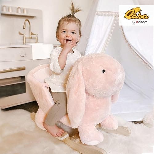 Qaba Baby Rocking Horse, Plush Rabbit Animal Rocker with Simulated Sound, Wooden Base, Seat Belt, Stuffed Rocking Chair for Toddler 18-36 Months, Pink thumbnail 2