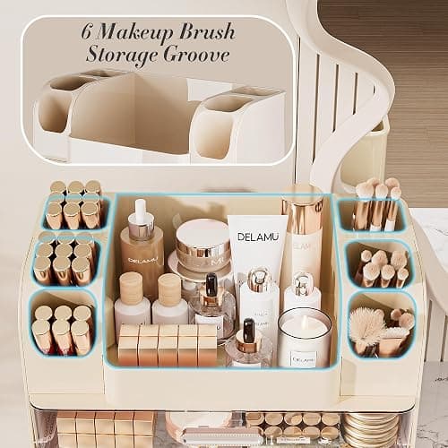 Delamu Large Makeup Organizer Countertop with 6 Brush Holders, Cream White | Vanity Organizer with 2 Drawers, Gift for Women & Girls, Holds Perfume, Skincare, Lipstick, Nail Polish & Hair Accessories thumbnail 5