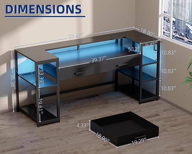 Pamray 58 Inch Gaming Computer Desk with Monitor Stand Drawers and Shelves | Ample Storage， Large Table with LED Lights & Power Outlets & USB Ports, Sturdy, Suitable for Gaming Home Office Work Study thumbnail 2