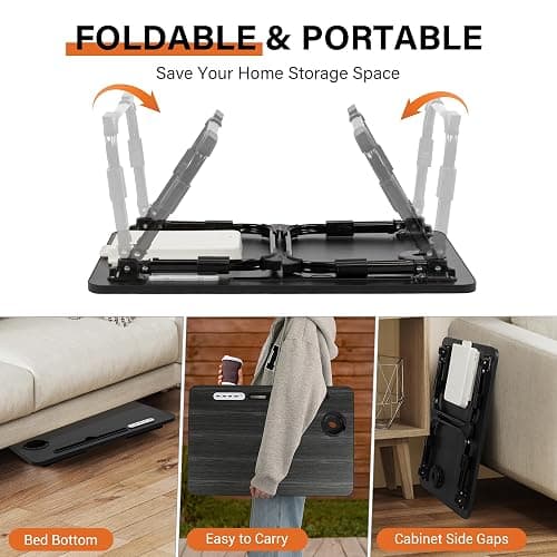 DECOSIS Laptop Desk for Bed Height Adjustable, Lap Bed Table with USB/Storage Drawer/Cup Holder/Tablet Stand/Book Shelf, Foldable Breakfast Tray Portable for Reading Writing, Sofa & Floor, Black thumbnail 8