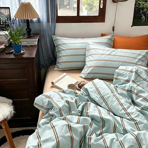 mixinni Retro Mint Blue Striped Duvet Cover Set - 100% Natural Cotton 3-Piece Vintage Stripes Pattern Printed Bedding Set, Soft Breathable Comforter Cover with Zipper Closure & Corner Ties, Full Size - Image 1