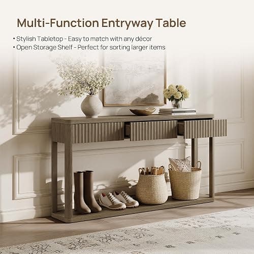 SICOTAS Entryway Table with Storage, 60.74" W Console Table with 3 Fluted Drawers and Shelf, Modern Narrow Long Accent Sofa Table Behind The Couch for Hallway, Entrance, Living Room, Foyer, Grey Alder thumbnail 5