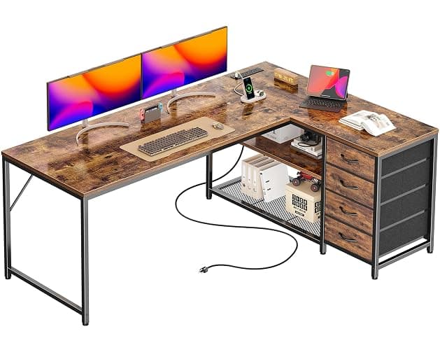 PRAISUN 61" L Shaped Desk with Power Outlets and USB-C Port, Reversible Computer Corner Office Desk with 4 Fabric Drawers and 2 Height-Adjustable Shelves, Large for Gaming Writing Study, Rustic Brown - Image 1