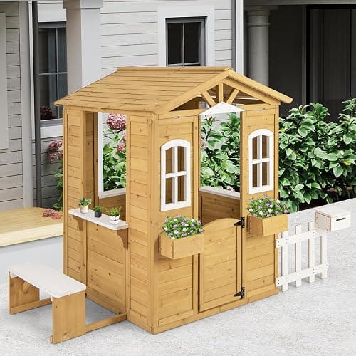 Costzon Outdoor Playhouse, Fir Wood Patio Pretend Play Center w/Bench, Mailbox, Fence, Serving Stations, Flowerpot Holders, Windows & Door, Children Play House for 2+ Years Old Kids thumbnail 8