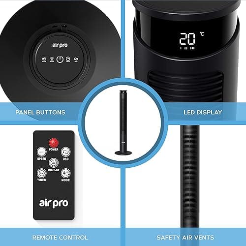Air Pro Smart 46" Tower Fan- Oscillating Bladeless Fan with Remote - Tall Compact 3 Speeds Quiet Cooling Fan - Floor Standing Fan for Home and Office - LED Display, 4 Modes, 12Hour Timer - 46" - Black thumbnail 7