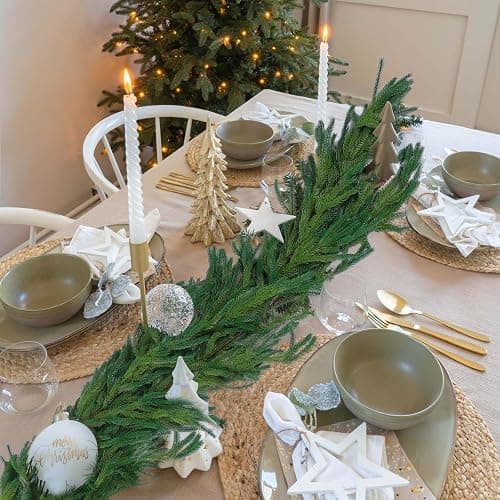 Hananona 9 Ft 2 Pcs Artificial Norfolk Pine Garlands, Realistic Pine Garland, Green Artificial Greenery Garland for Table, Mantle, Wall, Indoor, Outdoor Winter Christmas Decorations (2, 9 FT) thumbnail 7