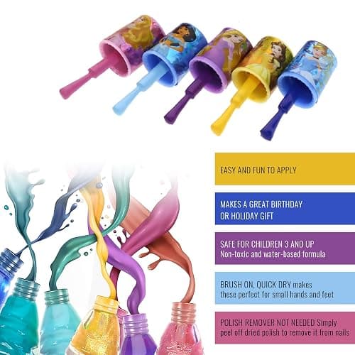 Disney Princess 15 Piece Water Based Nail Polish with 3 Toe Spacers| Quick Dry Peel Off Gift Kit Set for Kids Girls Ages 3+ By Townley Girl thumbnail 3
