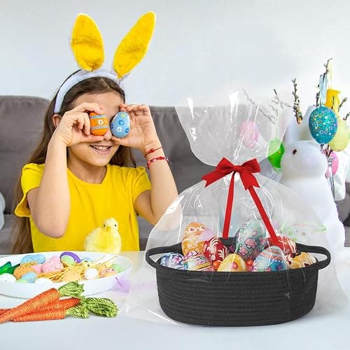 WILLITAT Small Basket for Gifts Empty, Woven Cotton Rope Gift Basket, Cute Kids Dog Cat Toy Bin Box, Baby Nursery Organizer, Decorative Storage Bin for Shelves, Easter, Home Decor, 13"x9"x5", Black thumbnail 2