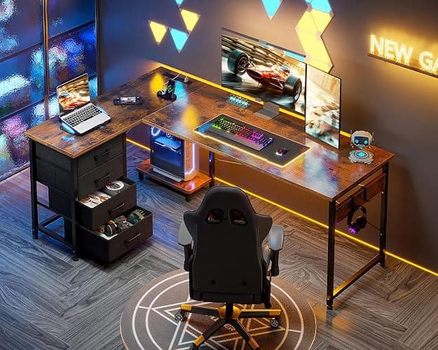 AODK L Shaped Desk with 4 Tier Drawers, 61" Reversible Gaming Desk with Power Outlets, L Shaped Computer Table with USB Charging Port and Host Stand, Home Office Table, Easy to Assemble, Vintage thumbnail 7