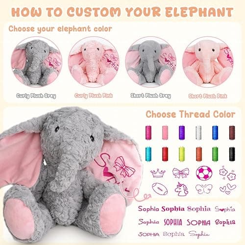 Personalized Elephant Stuffed Animals, Plush Elephant with Embroidered Name & Icon Stuffed Elephants Toys for Babies, Birthday Baby Shower Christmas Boy Girl Newborn Customized Keepsake Plush Gifts thumbnail 4