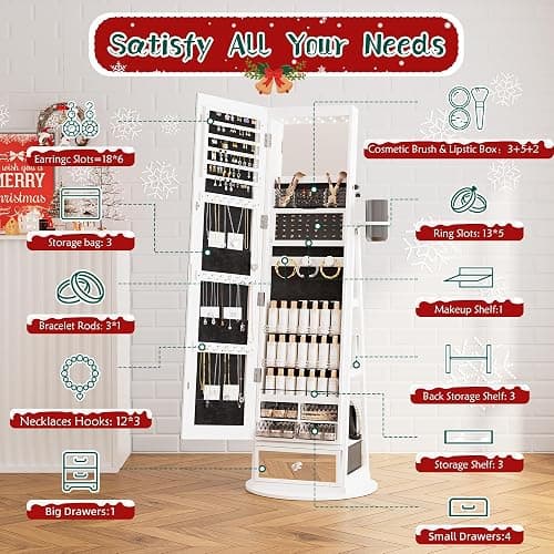 TJYGO Mirror Jewelry Cabinet Standing, 360° Swivel Jewelry Armoire with Drawer LED Lights, Lockable Jewelry Organizer with Storage Shelves thumbnail 4